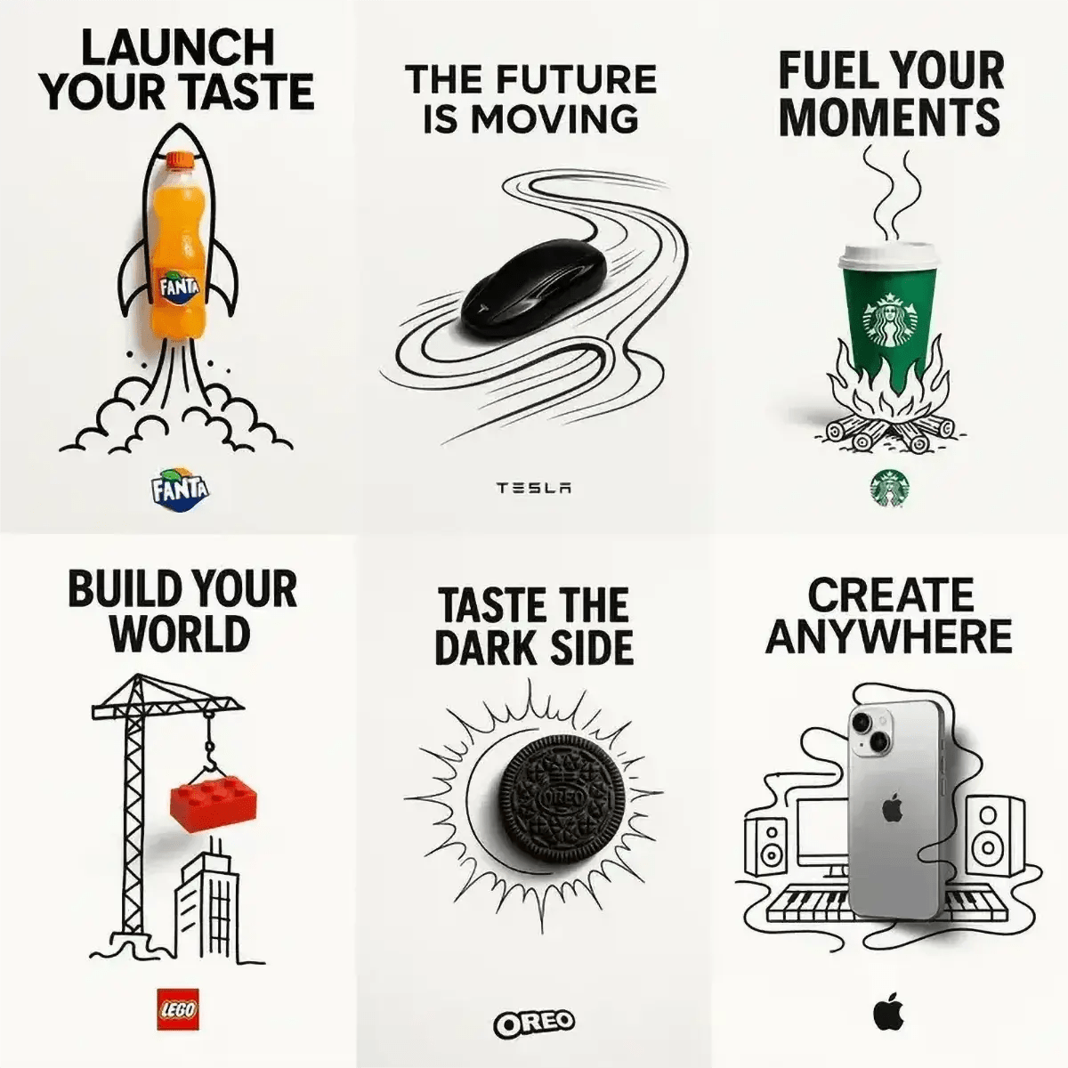 Example output from the Minimalist Ads With Doodle Objects ChatGPT prompt: clever real object and doodle ad mashups on white backgrounds, featuring bold copy, soft shadows, and polished high-contrast layouts for campaign-ready storytelling.