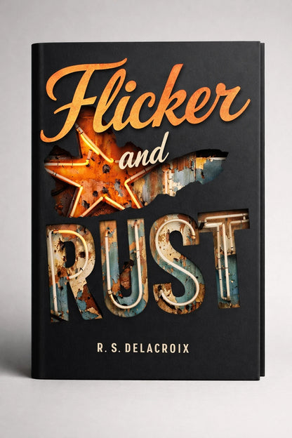 Example output from the Minimalist Diecut Book Covers ChatGPT prompt: a black book cover titled Flicker and Rust by R. S. Delacroix, with corroded metal textures revealed inside the lettering.