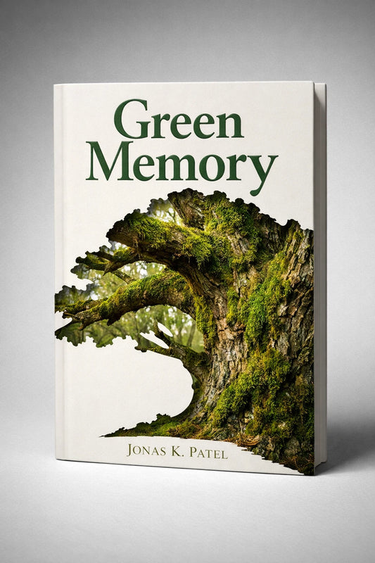 Example output from the Minimalist Diecut Book Covers ChatGPT prompt: a cream book cover titled Green Memory by Jonas K. Patel, with a mossy tree revealed through a die-cut silhouette.