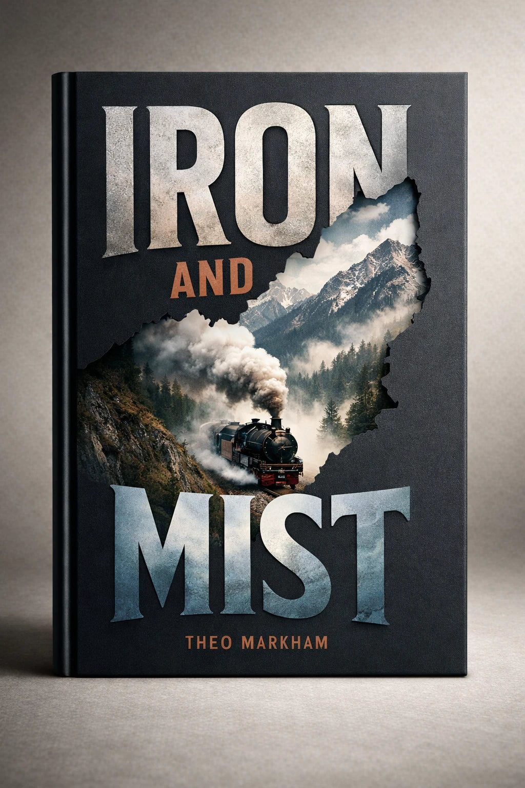 Example output from the Minimalist Diecut Book Covers ChatGPT prompt: a book cover mockup titled Iron and Mist, with a minimalist die-cut silhouette reveal and premium soft-shadow studio lighting.