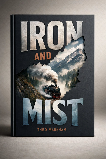 Example output from the Minimalist Diecut Book Covers ChatGPT prompt: a book cover mockup titled Iron and Mist, with a minimalist die-cut silhouette reveal and premium soft-shadow studio lighting.