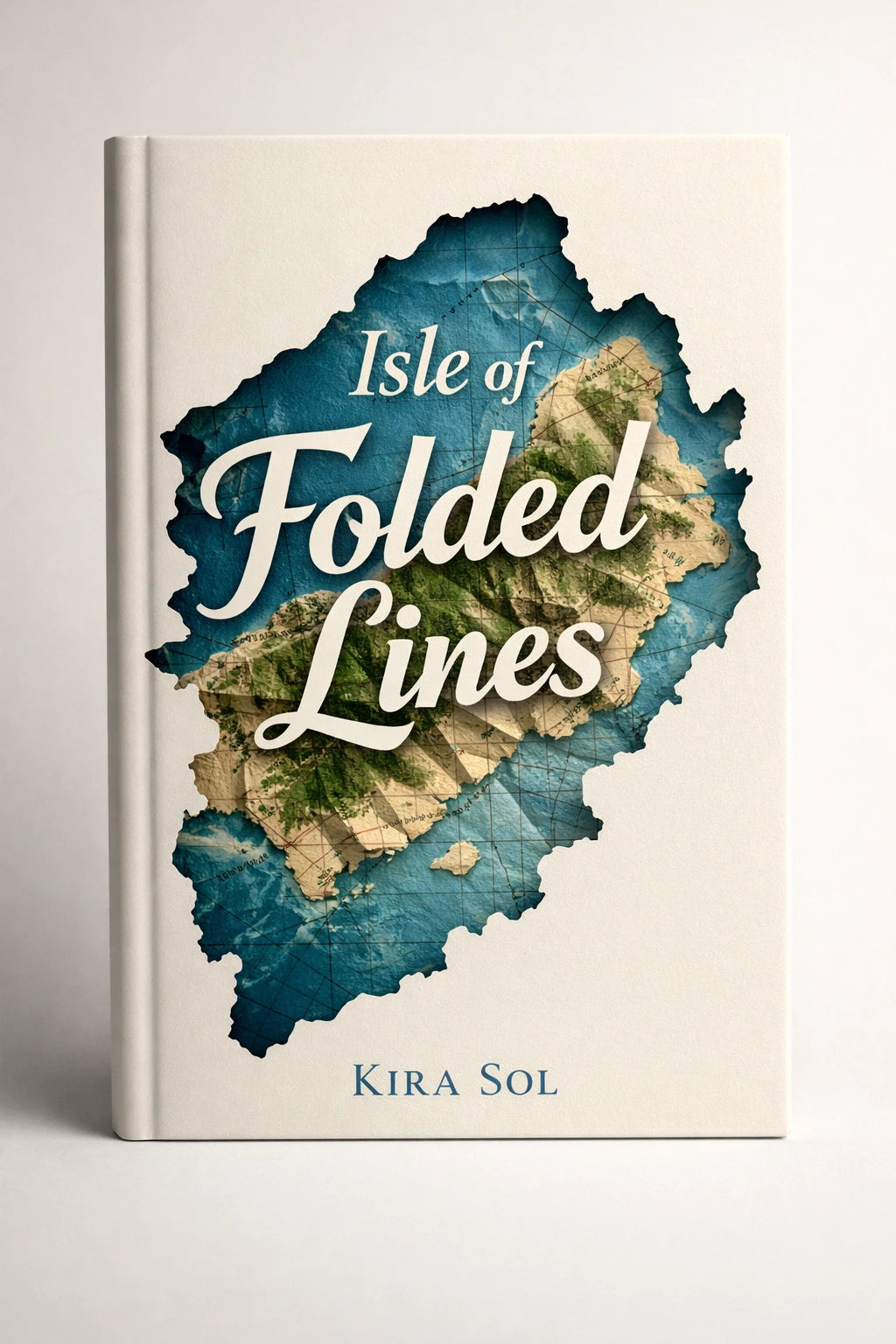 Example output from the Minimalist Diecut Book Covers ChatGPT prompt: an off-white book cover titled Isle of Folded Lines by Kira Sol, with an aerial island photograph inside a die-cut shape.