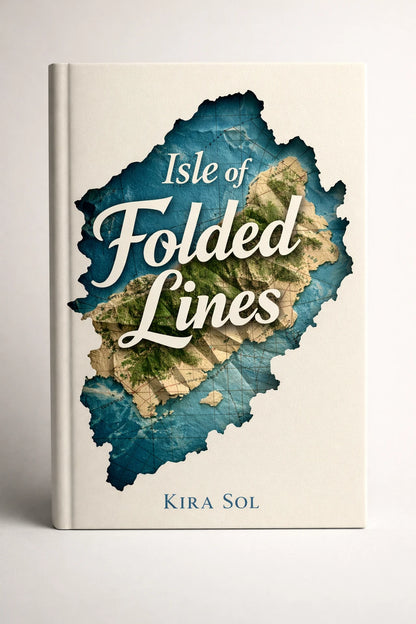 Example output from the Minimalist Diecut Book Covers ChatGPT prompt: an off-white book cover titled Isle of Folded Lines by Kira Sol, with an aerial island photograph inside a die-cut shape.
