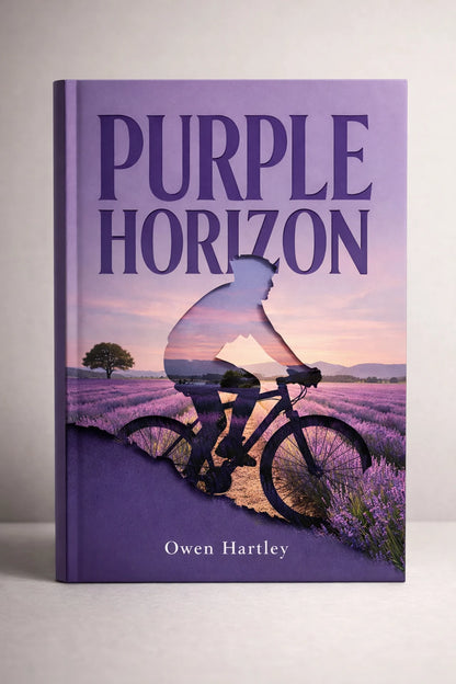 Example output from the Minimalist Diecut Book Covers ChatGPT prompt: a lavender book cover titled Purple Horizon by Owen Hartley, with a cyclist crossing lavender fields inside a die-cut silhouette.