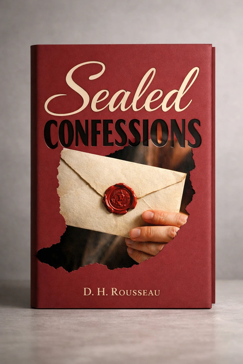 Example output from the Minimalist Diecut Book Covers ChatGPT prompt: a book cover mockup titled Sealed Confessions, with a minimalist die-cut silhouette reveal and premium soft-shadow studio lighting.
