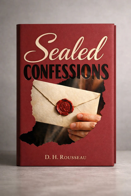 Example output from the Minimalist Diecut Book Covers ChatGPT prompt: a book cover mockup titled Sealed Confessions, with a minimalist die-cut silhouette reveal and premium soft-shadow studio lighting.