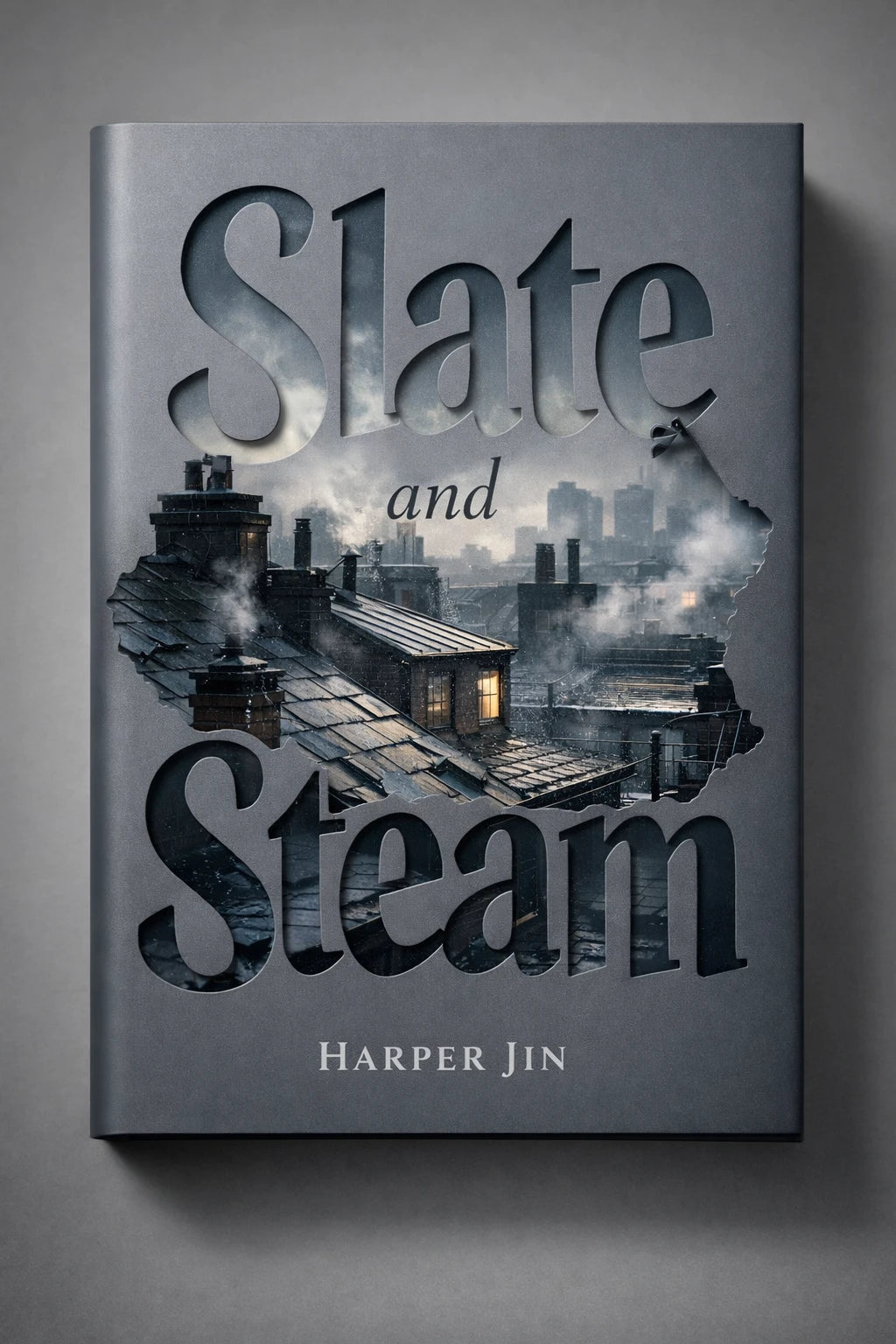 Example output from the Minimalist Diecut Book Covers ChatGPT prompt: a book cover mockup titled Slate and Steam, with a minimalist die-cut silhouette reveal and premium soft-shadow studio lighting.