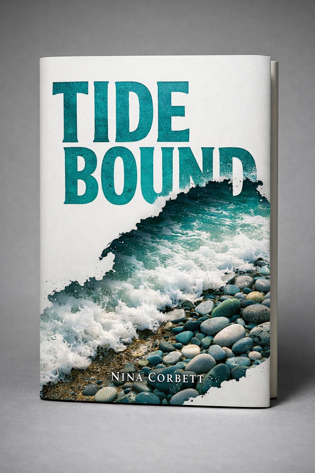 Example output from the Minimalist Diecut Book Covers ChatGPT prompt: a white book cover titled Tidebound by Nina Corbett, with breaking surf over pebbles inside a die-cut silhouette.