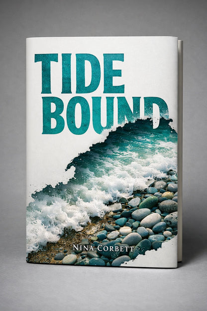Example output from the Minimalist Diecut Book Covers ChatGPT prompt: a white book cover titled Tidebound by Nina Corbett, with breaking surf over pebbles inside a die-cut silhouette.