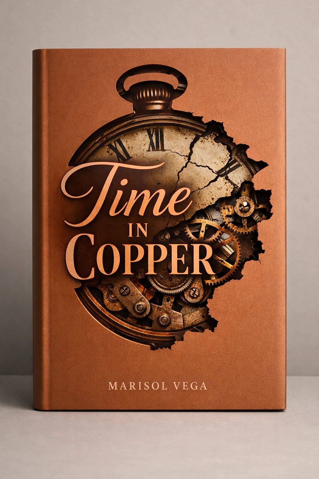 Example output from the Minimalist Diecut Book Covers ChatGPT prompt: a copper book cover titled Time in Copper by Marisol Vega, with a pocket watch and clockwork revealed through a torn die-cut.