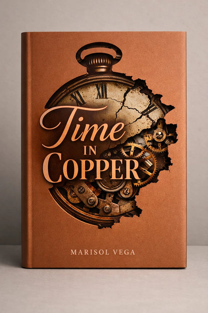 Example output from the Minimalist Diecut Book Covers ChatGPT prompt: a copper book cover titled Time in Copper by Marisol Vega, with a pocket watch and clockwork revealed through a torn die-cut.