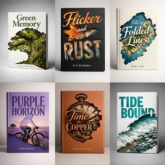 Example output from the Minimalist Diecut Book Covers ChatGPT prompt: a six-cover grid of hardback book mockups in studio lighting, each with a die-cut silhouette revealing textured photography, titled Green Memory, Flicker and Rust, Isle of Folded Lines, Purple Horizon, Time in Copper and Tidebound.