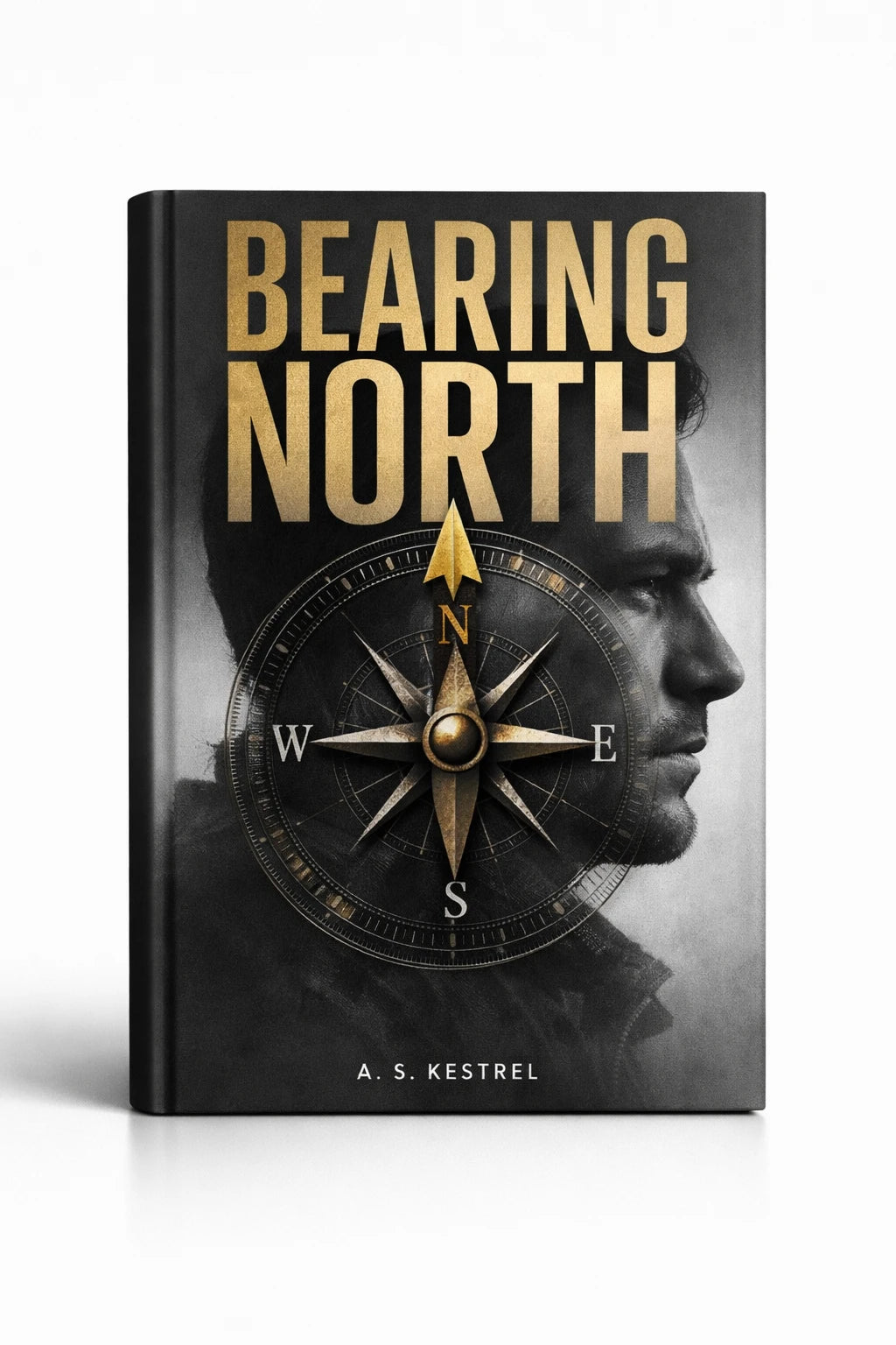 Example output from the Minimalist Modern Book Cover Designs ChatGPT prompt: a dark book cover titled Bearing North by A. S. Kestrel, with a gold compass rose over a grayscale profile.