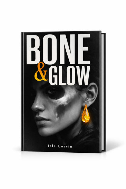 Example output from the Minimalist Modern Book Cover Designs ChatGPT prompt: a black book cover titled Bone and Glow by Isla Corvin, with a grayscale portrait and an amber teardrop earring as the accent color.