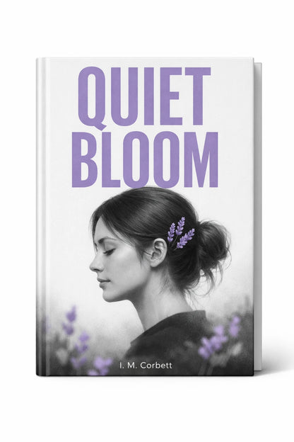 Example output from the Minimalist Modern Book Cover Designs ChatGPT prompt: a white book cover titled Quiet Bloom by I. M. Corbett, with a grayscale profile portrait and lavender sprigs as the accent color.