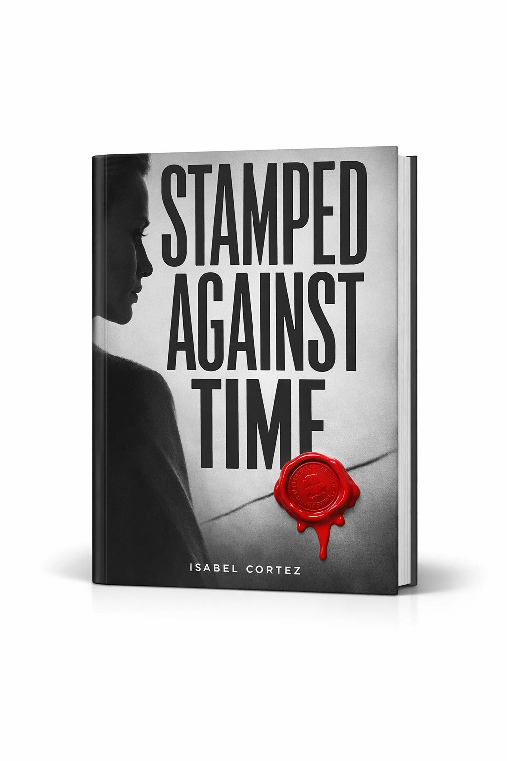 Example output from the Minimalist Modern Book Cover Designs ChatGPT prompt: a book cover mockup titled Stamped Against Time, in minimalist grayscale style with a single accent color and bold title typography.