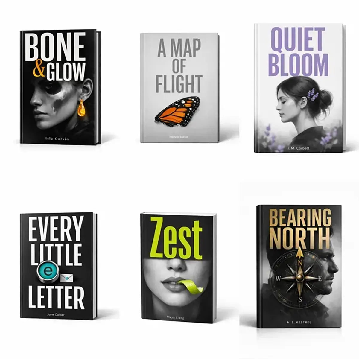Example output from the Minimalist Modern Book Cover Designs ChatGPT prompt: a six-cover grid of minimalist grayscale book mockups with single accent colors and bold typography, titled Bone and Glow, A Map of Flight, Quiet Bloom, Every Little Letter, Zest and Bearing North.