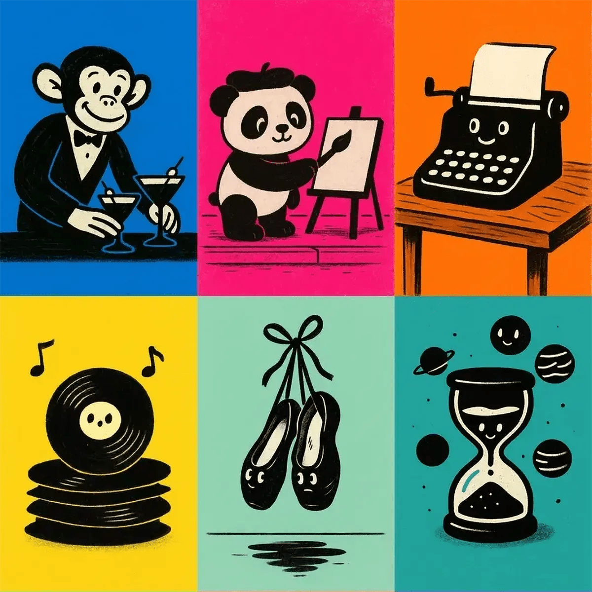 Example output from the Minimalist Playful Portraits ChatGPT prompt: bold black and white illustrations of playful characters on colorful backgrounds, featuring hand-drawn linework, soft grain textures, and generous negative space.