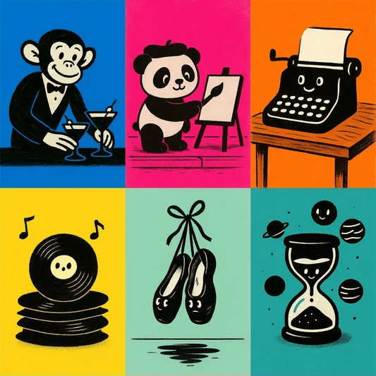 Example output from the Minimalist Playful Portraits ChatGPT prompt: bold black and white illustrations of playful characters on colorful backgrounds, featuring hand-drawn linework, soft grain textures, and generous negative space.
