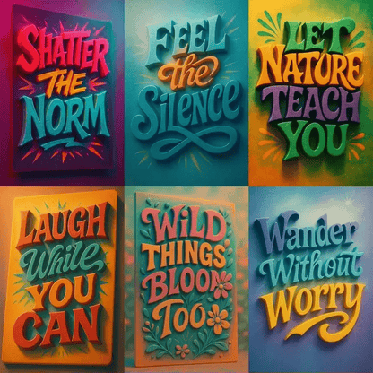 Example output from the Mixed Expressive 3D Quote Posters ChatGPT prompt: bold 3D text posters with layered typography, triadic color schemes, and textured duotone overlays for expressive visual impact.