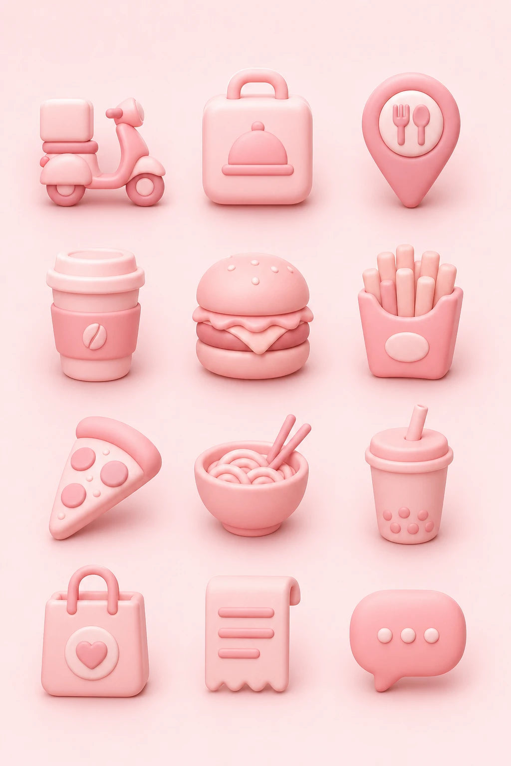 Example output from the Modern 3D Icon Collection Sets ChatGPT prompt: a soft 3D delivery and dining icon set in matte pink, with scooter, takeaway bag, burger, fries, pizza and noodle bowl symbols.