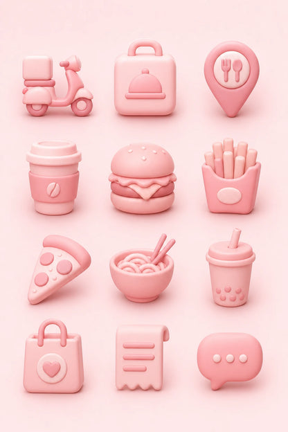 Example output from the Modern 3D Icon Collection Sets ChatGPT prompt: a soft 3D delivery and dining icon set in matte pink, with scooter, takeaway bag, burger, fries, pizza and noodle bowl symbols.