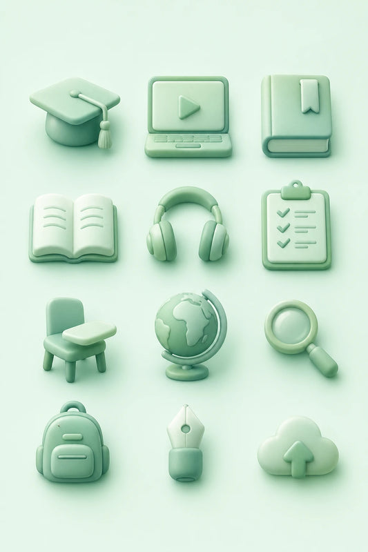 Example output from the Modern 3D Icon Collection Sets ChatGPT prompt: a soft 3D education icon set in matte green, with graduation cap, laptop, book, headphones, globe and backpack symbols.