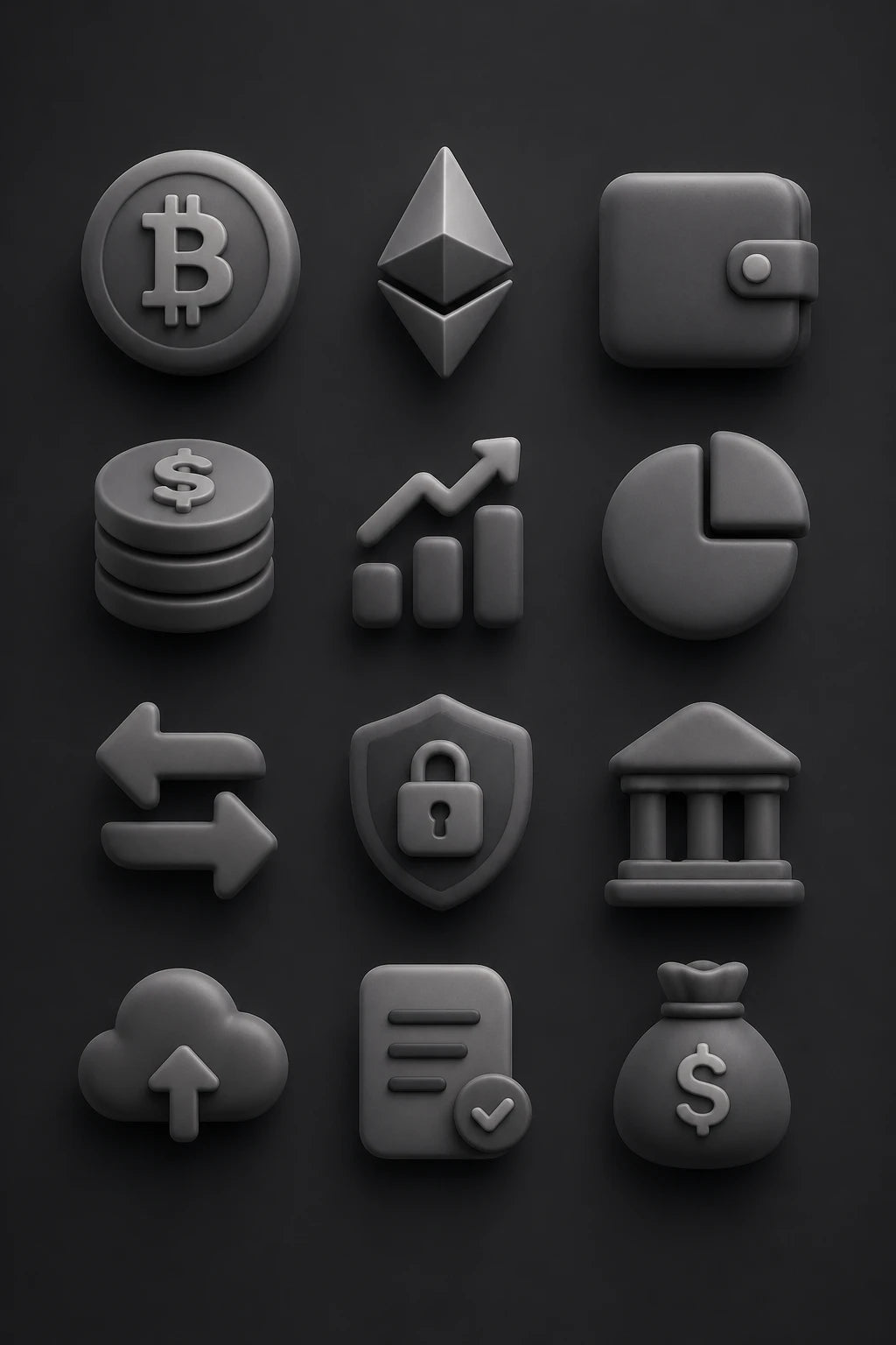 Example output from the Modern 3D Icon Collection Sets ChatGPT prompt: a soft 3D finance icon set with consistent matte materials and soft studio shadows on a tonal background.