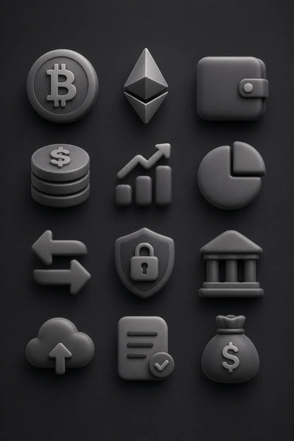 Example output from the Modern 3D Icon Collection Sets ChatGPT prompt: a soft 3D finance icon set with consistent matte materials and soft studio shadows on a tonal background.