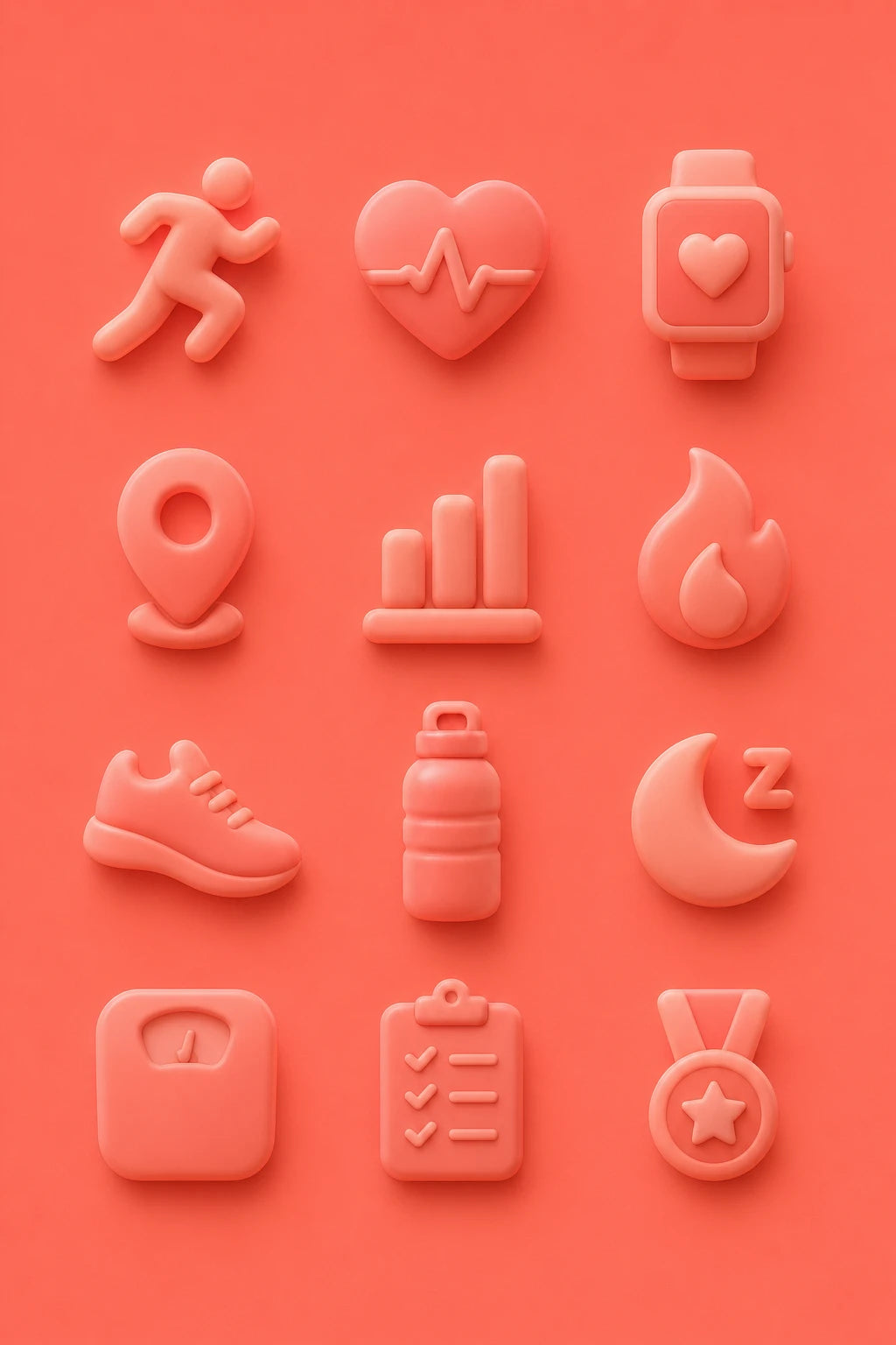 Example output from the Modern 3D Icon Collection Sets ChatGPT prompt: a soft 3D fitness icon set in matte red, with runner, heart rate, smartwatch, trainers, water bottle and medal symbols.