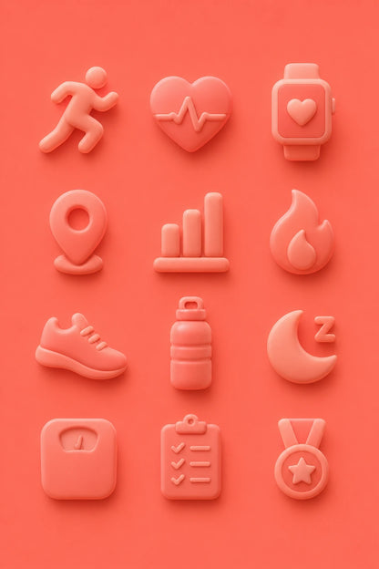 Example output from the Modern 3D Icon Collection Sets ChatGPT prompt: a soft 3D fitness icon set in matte red, with runner, heart rate, smartwatch, trainers, water bottle and medal symbols.