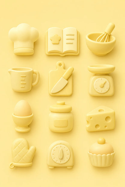 Example output from the Modern 3D Icon Collection Sets ChatGPT prompt: a soft 3D food and cooking icon set in matte yellow, with chef hat, recipe book, mixing bowl, knife, scales and cupcake symbols.