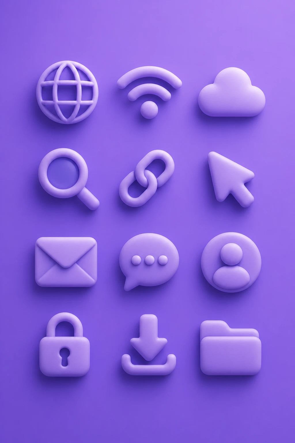 Example output from the Modern 3D Icon Collection Sets ChatGPT prompt: a soft 3D internet icon set in matte purple, with globe, wifi, cloud, search, mail, lock and folder symbols.