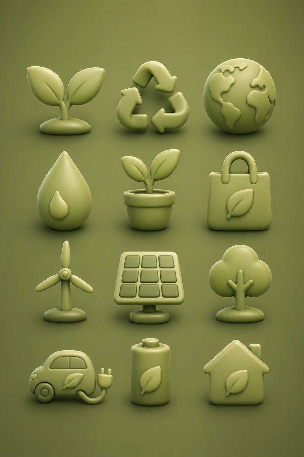Example output from the Modern 3D Icon Collection Sets ChatGPT prompt: a soft 3D nature icon set with consistent matte materials and soft studio shadows on a tonal background.