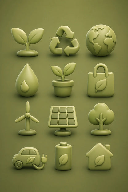 Example output from the Modern 3D Icon Collection Sets ChatGPT prompt: a soft 3D nature icon set with consistent matte materials and soft studio shadows on a tonal background.