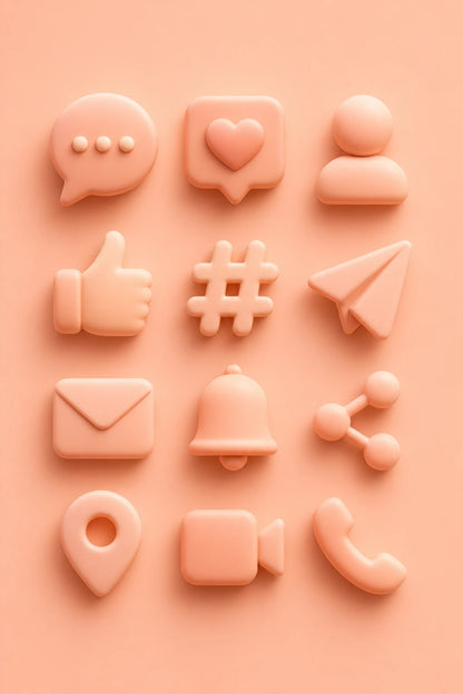 Example output from the Modern 3D Icon Collection Sets ChatGPT prompt: a soft 3D social media icon set with consistent matte materials and soft studio shadows on a tonal background.