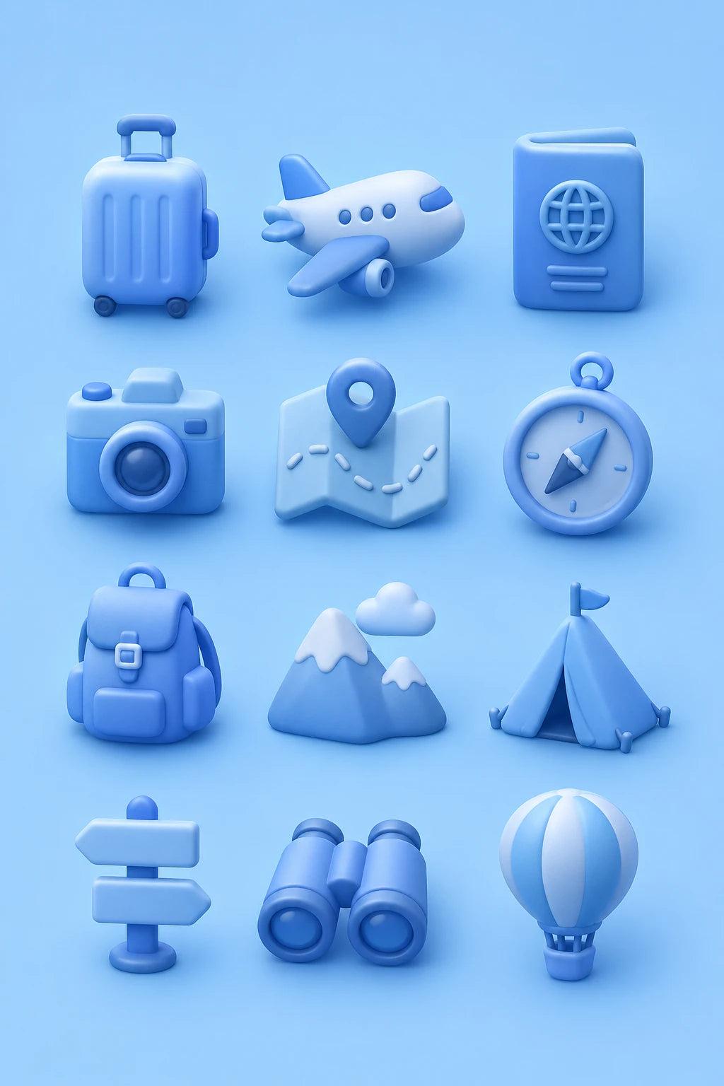 Example output from the Modern 3D Icon Collection Sets ChatGPT prompt: a soft 3D travel icon set in matte blue, with suitcase, aeroplane, passport, camera, map, compass and hot air balloon symbols.