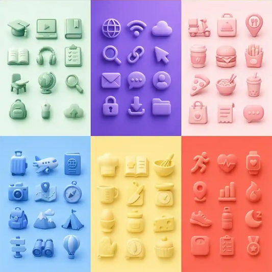 Example output from the Modern 3D Icon Collection Sets ChatGPT prompt: six soft 3D icon sets on tonal backgrounds in green, purple, pink, blue, yellow and red, covering education, internet, food delivery, travel, cooking and fitness themes.