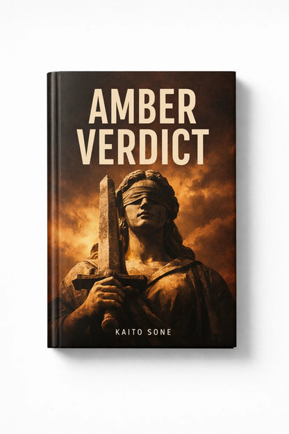 Example output from the Modern Aesthetic Book Cover Designs ChatGPT prompt: a dark amber book cover titled Amber Verdict by Kaito Sone, with a stone statue of justice holding a sword.