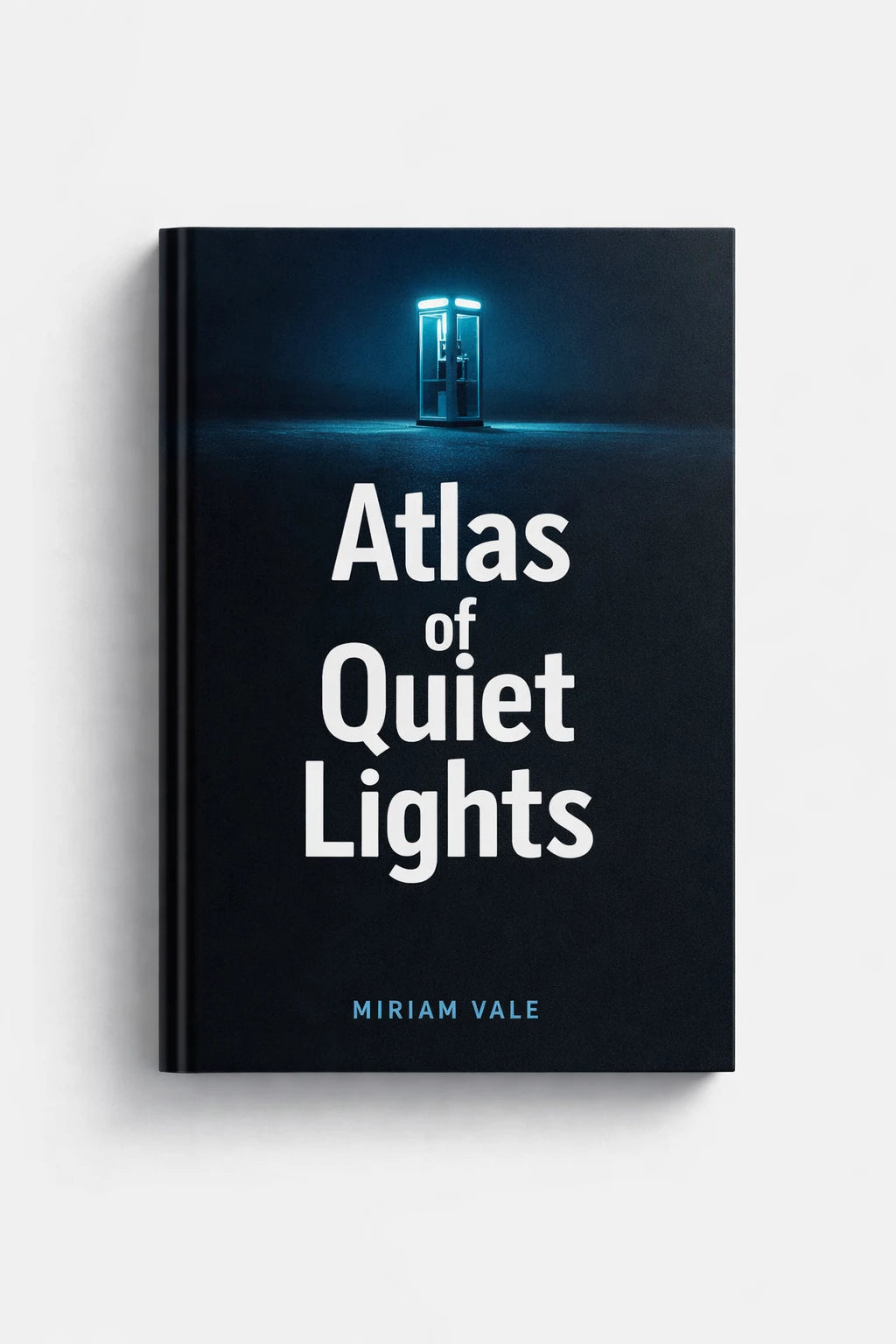 Example output from the Modern Aesthetic Book Cover Designs ChatGPT prompt: a near-black book cover titled Atlas of Quiet Lights by Miriam Vale, with a small glowing lantern above clean stacked type.