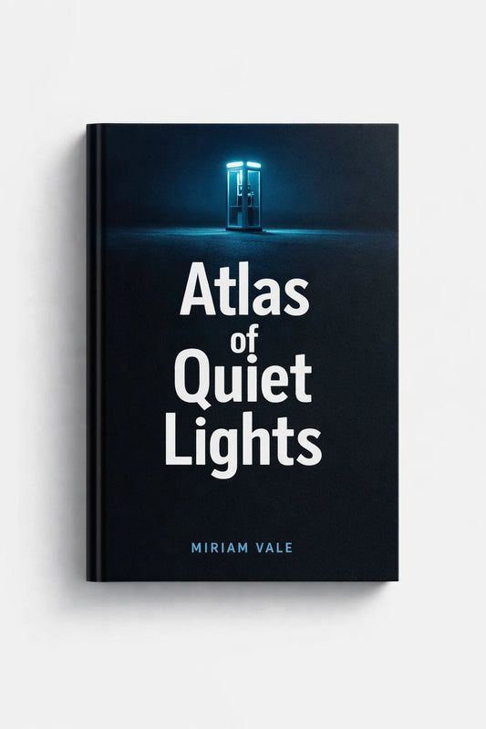 Example output from the Modern Aesthetic Book Cover Designs ChatGPT prompt: a near-black book cover titled Atlas of Quiet Lights by Miriam Vale, with a small glowing lantern above clean stacked type.