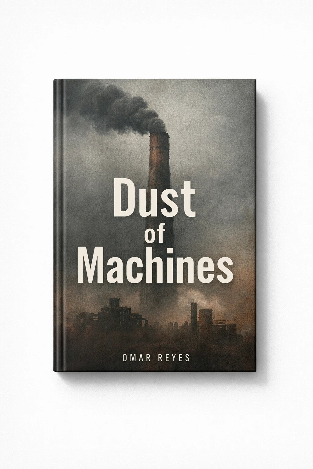 Example output from the Modern Aesthetic Book Cover Designs ChatGPT prompt: a book cover mockup titled Dust of Machines, in a modern minimal style with strong typography and a mood-driven palette.