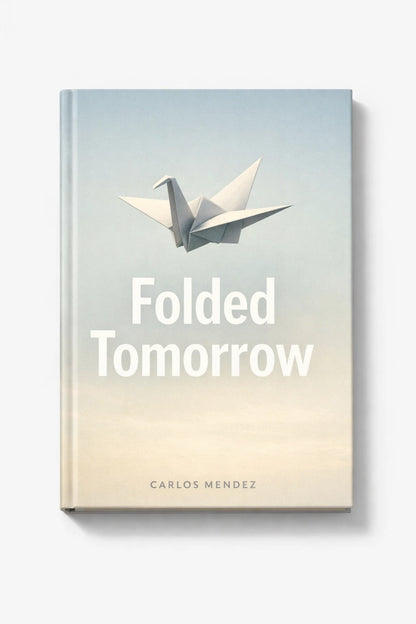 Example output from the Modern Aesthetic Book Cover Designs ChatGPT prompt: a book cover mockup titled Folded Tomorrow, in a modern minimal style with strong typography and a mood-driven palette.