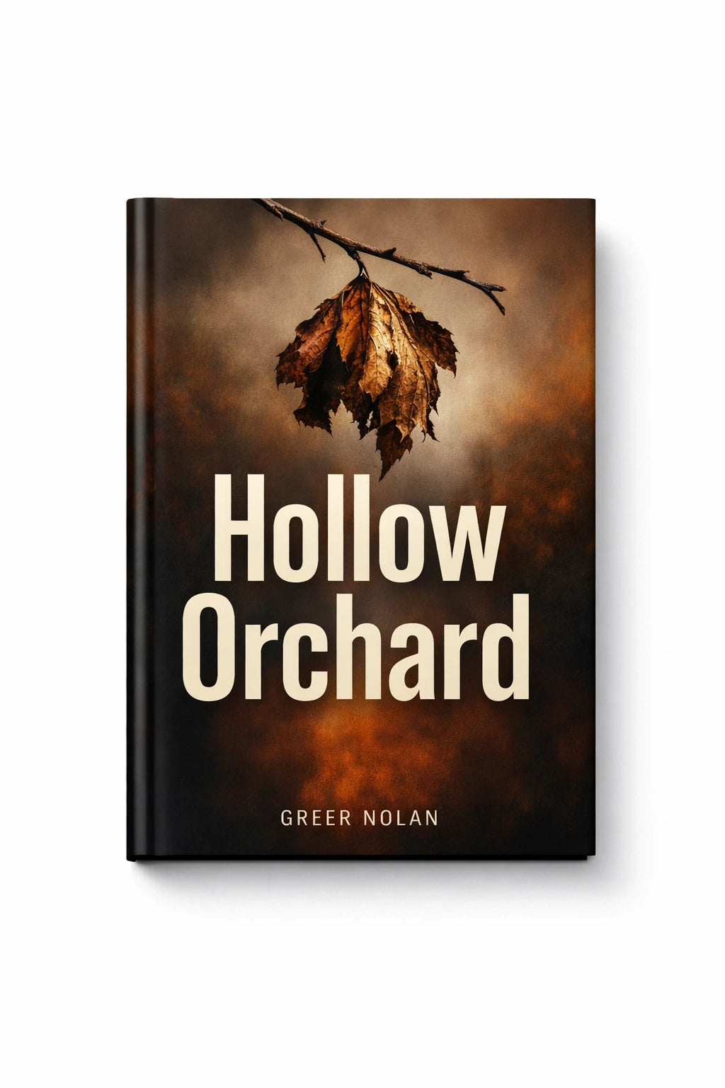 Example output from the Modern Aesthetic Book Cover Designs ChatGPT prompt: a book cover mockup titled Hollow Orchard, in a modern minimal style with strong typography and a mood-driven palette.