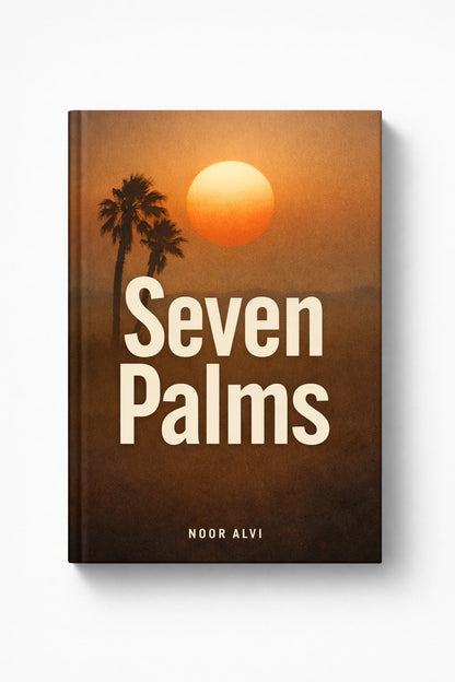 Example output from the Modern Aesthetic Book Cover Designs ChatGPT prompt: a warm brown book cover titled Seven Palms by Noor Alvi, with palm silhouettes against an orange setting sun.
