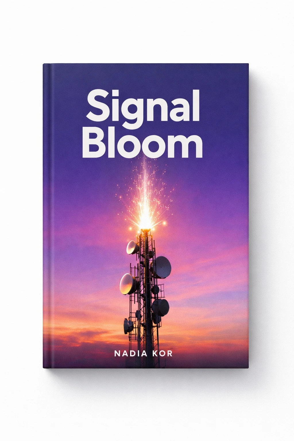 Example output from the Modern Aesthetic Book Cover Designs ChatGPT prompt: a purple book cover titled Signal Bloom by Nadia Kor, with a glowing transmission tower against a dusk gradient sky.