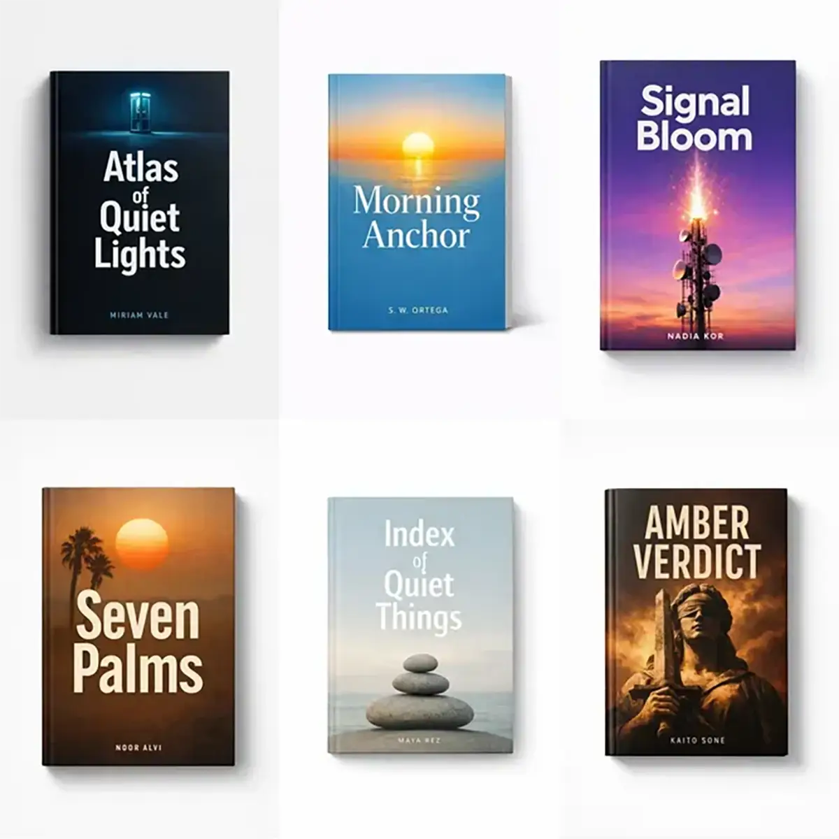 Example output from the Modern Aesthetic Book Cover Designs ChatGPT prompt: a six-cover grid of modern book mockups with strong typography and mood-driven palettes, titled Atlas of Quiet Lights, Morning Anchor, Signal Bloom, Seven Palms, Index of Quiet Things and Amber Verdict.