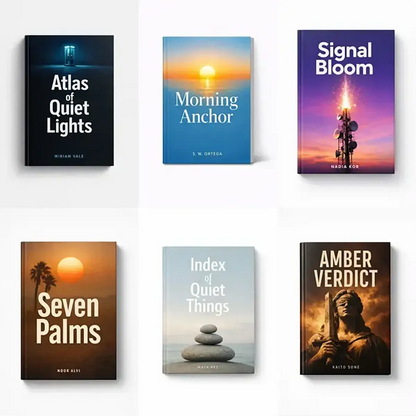 Example output from the Modern Aesthetic Book Cover Designs ChatGPT prompt: a six-cover grid of modern book mockups with strong typography and mood-driven palettes, titled Atlas of Quiet Lights, Morning Anchor, Signal Bloom, Seven Palms, Index of Quiet Things and Amber Verdict.