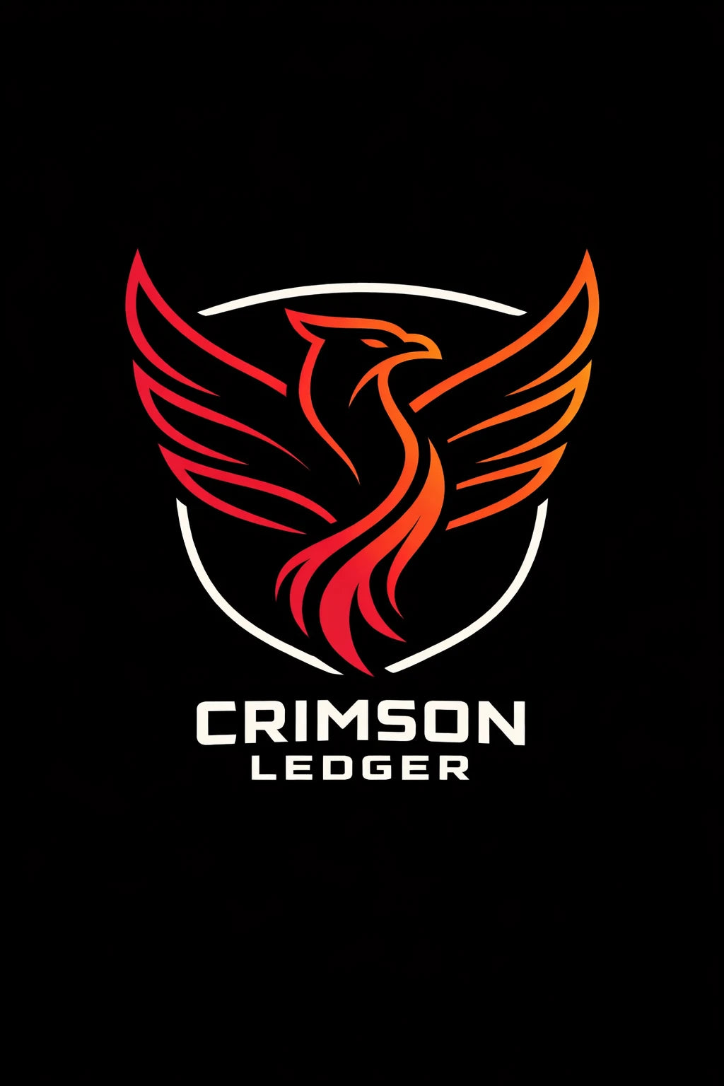 Example output from the Modern Iconic Mascot Logo Designs ChatGPT prompt: a Crimson Ledger logo with a line-art phoenix in a red-to-orange gradient inside a shield, on a black background.