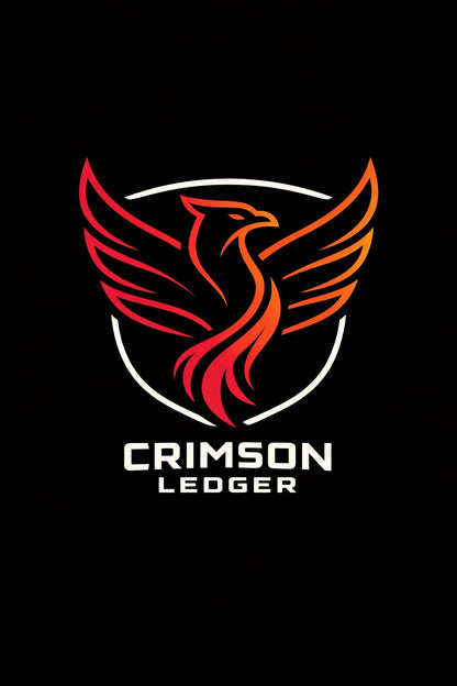 Example output from the Modern Iconic Mascot Logo Designs ChatGPT prompt: a Crimson Ledger logo with a line-art phoenix in a red-to-orange gradient inside a shield, on a black background.